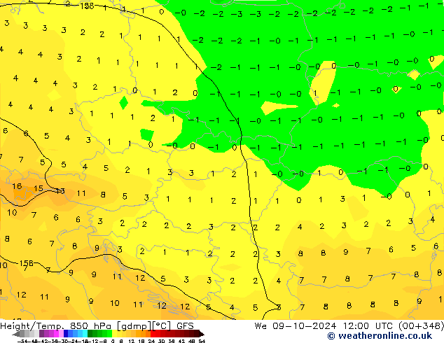 Géop./Temp. 850 hPa GFS mer 09.10.2024 12 UTC