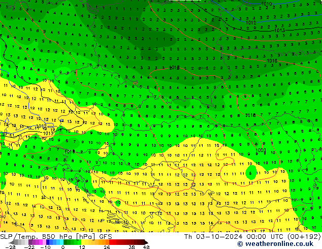 SLP/Temp. 850 hPa GFS  03.10.2024 00 UTC