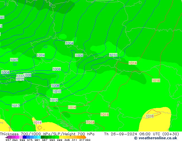 Espesor 700-1000 hPa GFS jue 26.09.2024 06 UTC