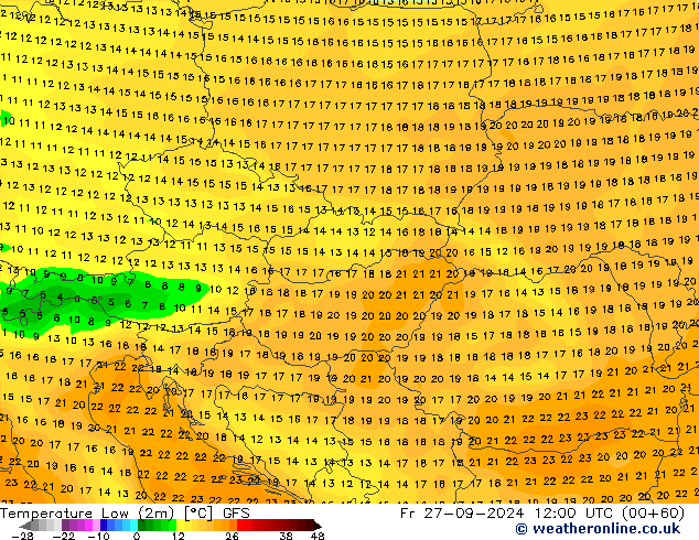 Temperature Low (2m) GFS Fr 27.09.2024 12 UTC