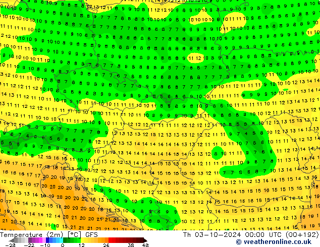 mapa temperatury (2m) GFS czw. 03.10.2024 00 UTC