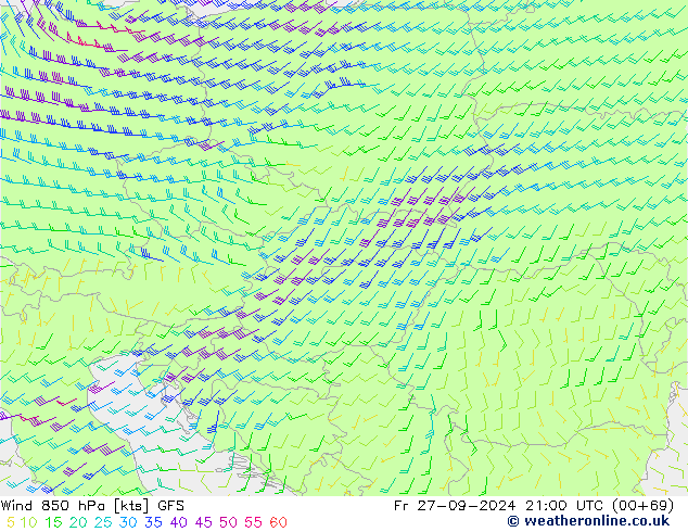 wiatr 850 hPa GFS pt. 27.09.2024 21 UTC