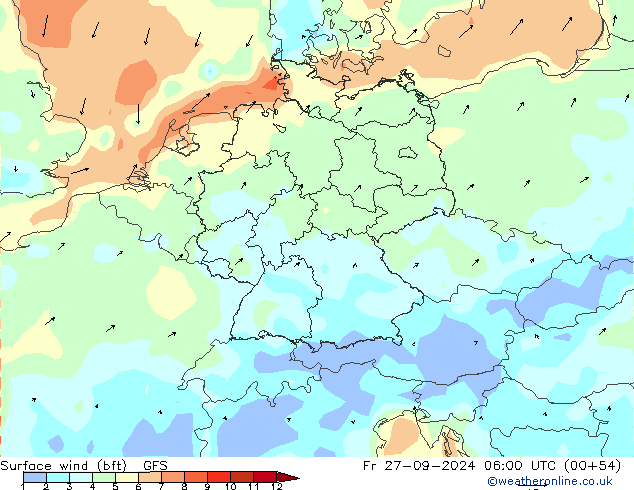 Viento 10 m (bft) GFS vie 27.09.2024 06 UTC