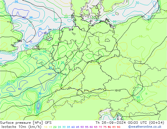 Isotachs (kph) GFS Th 26.09.2024 00 UTC