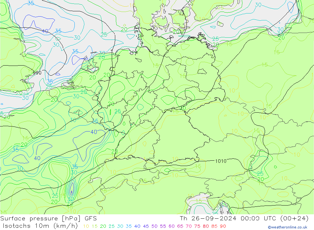 Isotachs (kph) GFS Th 26.09.2024 00 UTC