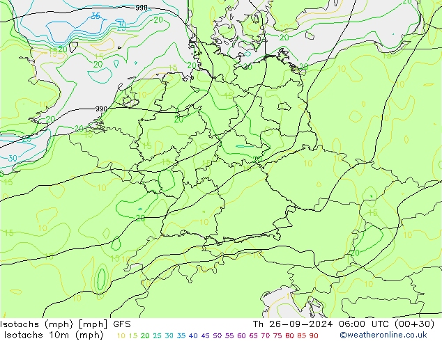 Isotachs (mph) GFS  26.09.2024 06 UTC