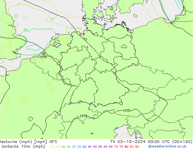 Isotachs (mph) GFS Th 03.10.2024 00 UTC