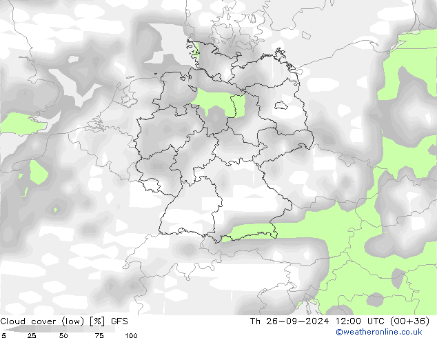 Cloud cover (low) GFS Th 26.09.2024 12 UTC