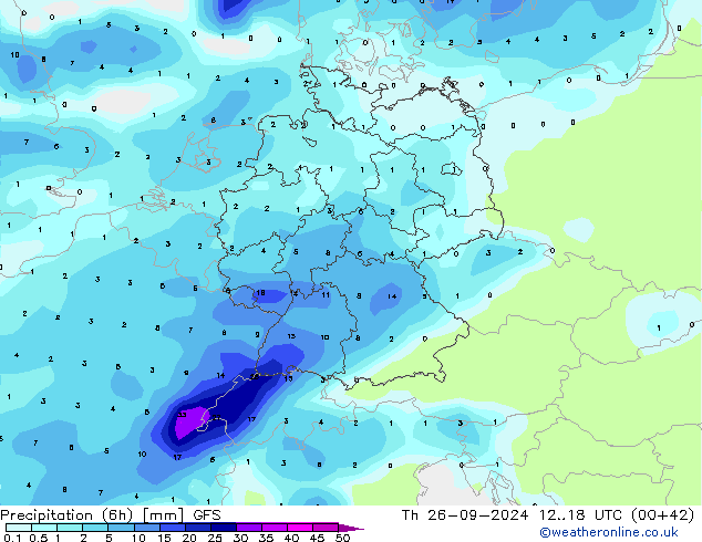 Precipitazione (6h) GFS gio 26.09.2024 18 UTC