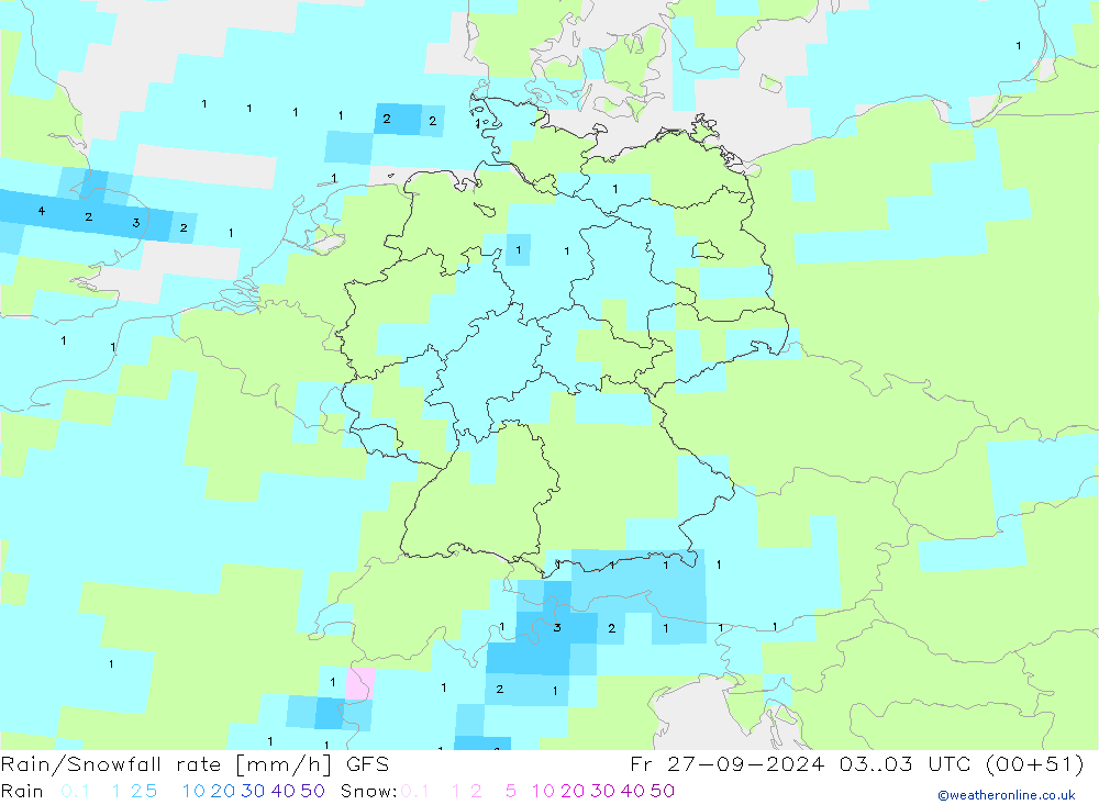 Rain/Snowfall rate GFS Fr 27.09.2024 03 UTC