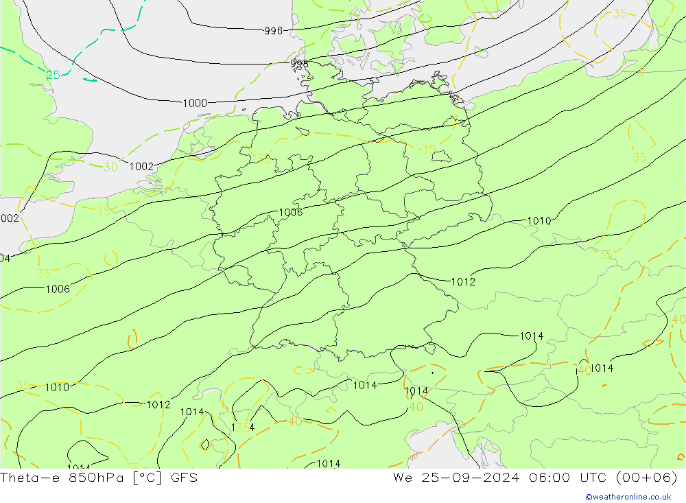 Theta-e 850hPa GFS mer 25.09.2024 06 UTC
