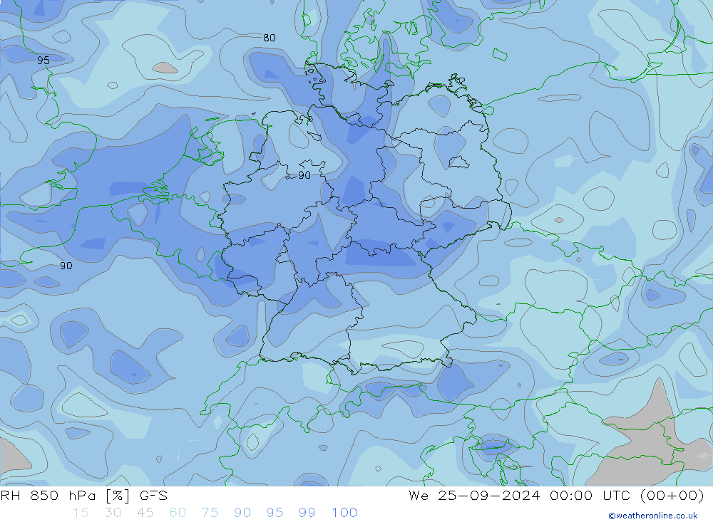 850 hPa Nispi Nem GFS Çar 25.09.2024 00 UTC