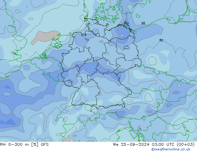 RH 0-300 m GFS śro. 25.09.2024 03 UTC