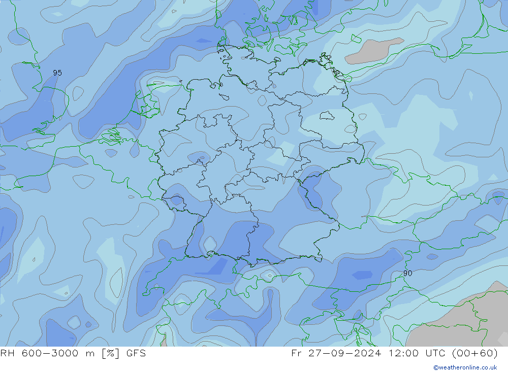 RH 600-3000 m GFS  27.09.2024 12 UTC