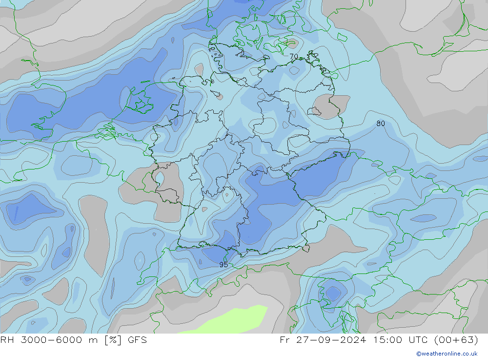 Humidité rel. 3000-6000 m GFS ven 27.09.2024 15 UTC