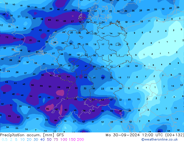 Precipitation accum. GFS Mo 30.09.2024 12 UTC