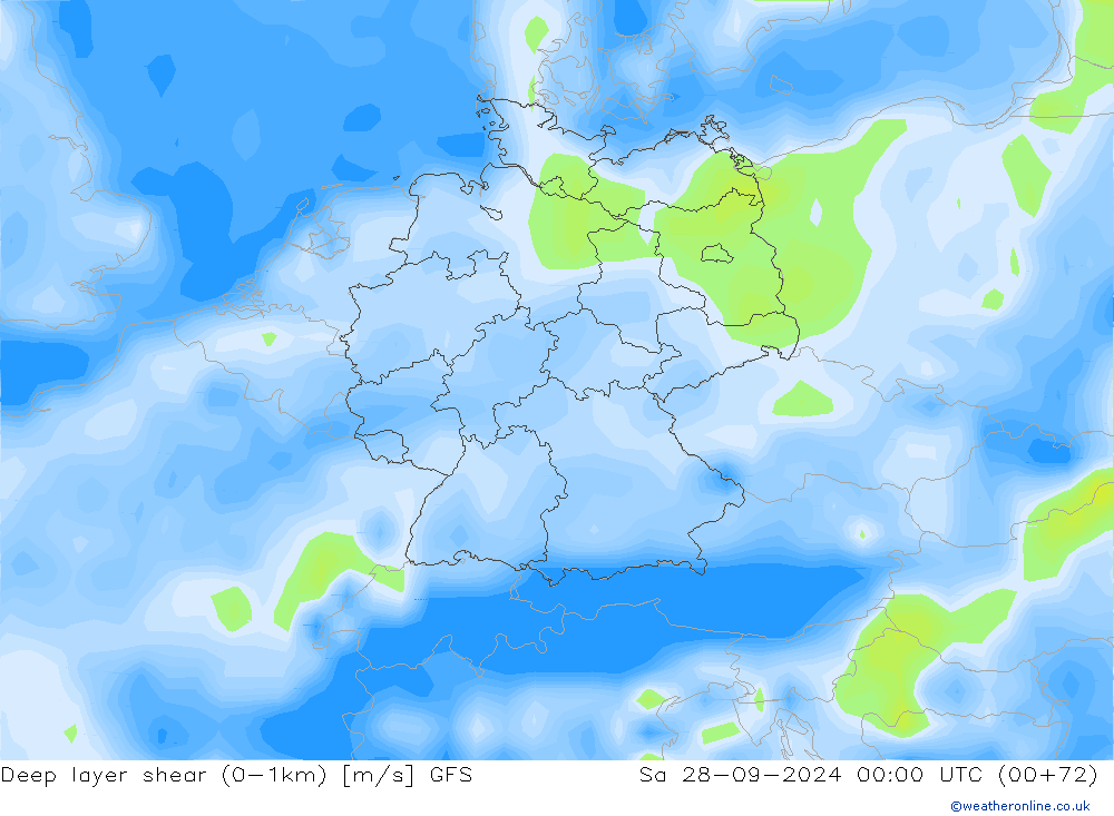 Deep layer shear (0-1km) GFS Sa 28.09.2024 00 UTC