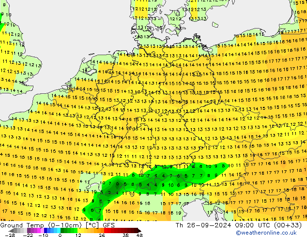 Temp. gruntu (0-10cm) GFS czw. 26.09.2024 09 UTC