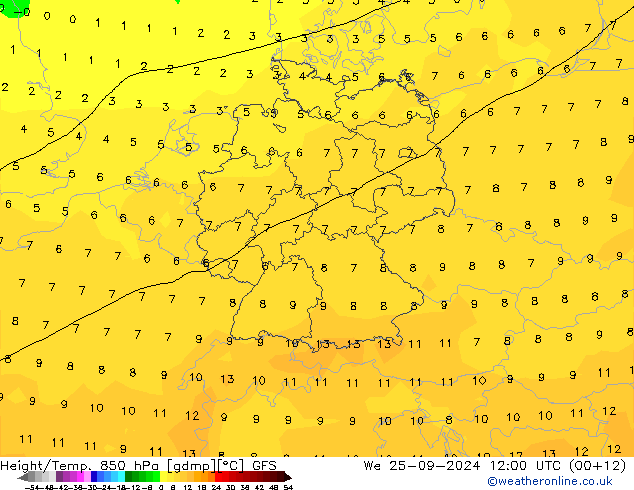 Height/Temp. 850 hPa GFS śro. 25.09.2024 12 UTC