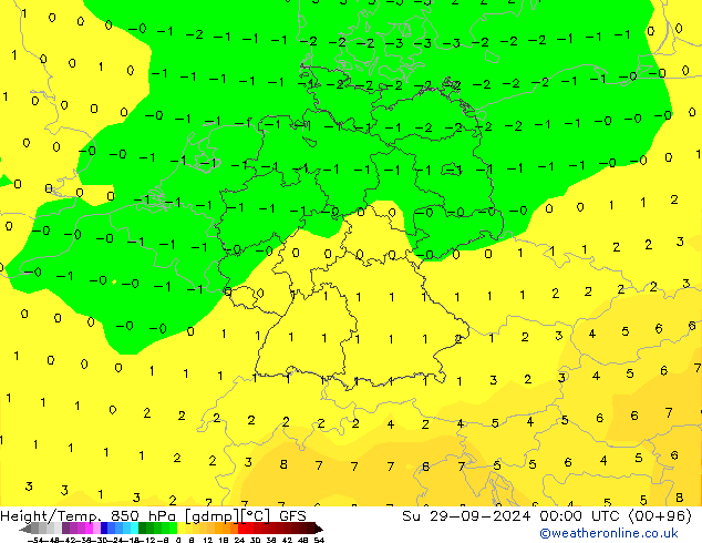 Height/Temp. 850 hPa GFS dom 29.09.2024 00 UTC