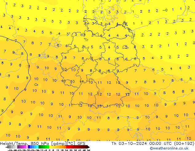 Height/Temp. 850 hPa GFS Th 03.10.2024 00 UTC