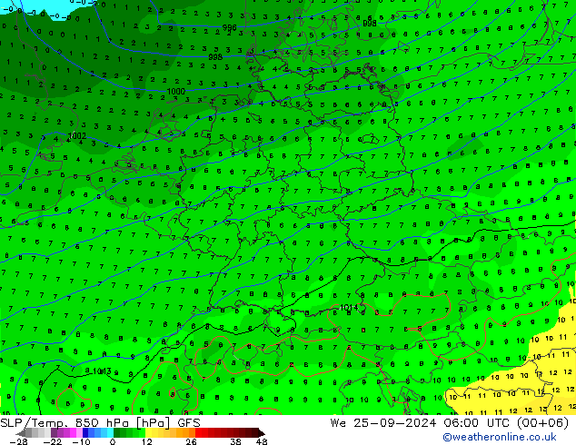 SLP/Temp. 850 hPa GFS St 25.09.2024 06 UTC