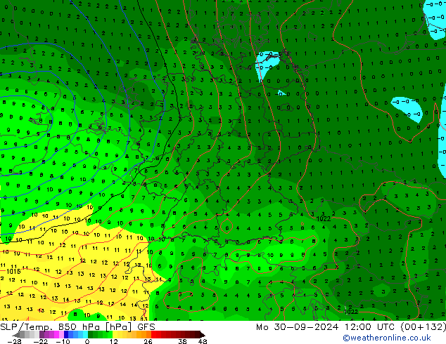 SLP/Temp. 850 hPa GFS pon. 30.09.2024 12 UTC