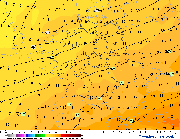 Height/Temp. 925 hPa GFS Fr 27.09.2024 06 UTC