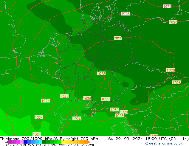 Thck 700-1000 hPa GFS  29.09.2024 18 UTC