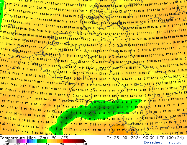 temperatura máx. (2m) GFS Qui 26.09.2024 00 UTC