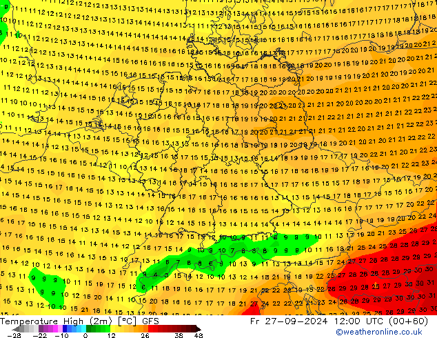 Temperature High (2m) GFS Fr 27.09.2024 12 UTC