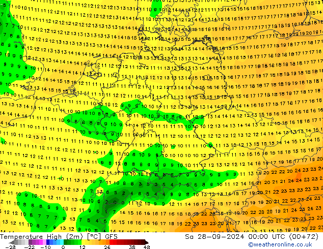 Temperature High (2m) GFS Sa 28.09.2024 00 UTC