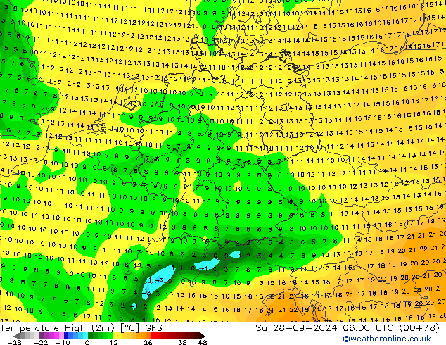 Temperature High (2m) GFS Sa 28.09.2024 06 UTC