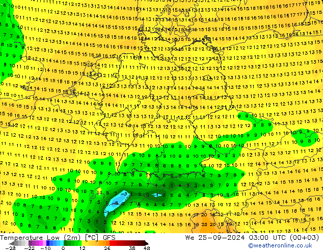 Temperatura mín. (2m) GFS mié 25.09.2024 03 UTC