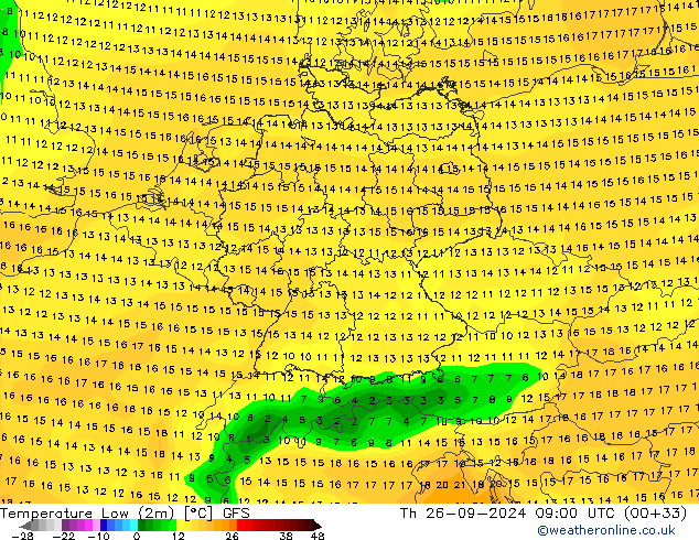 Temperature Low (2m) GFS Th 26.09.2024 09 UTC