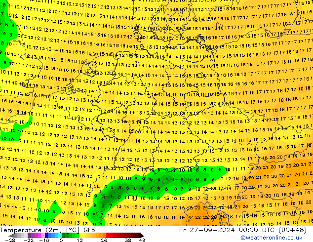 Temperatura (2m) GFS vie 27.09.2024 00 UTC