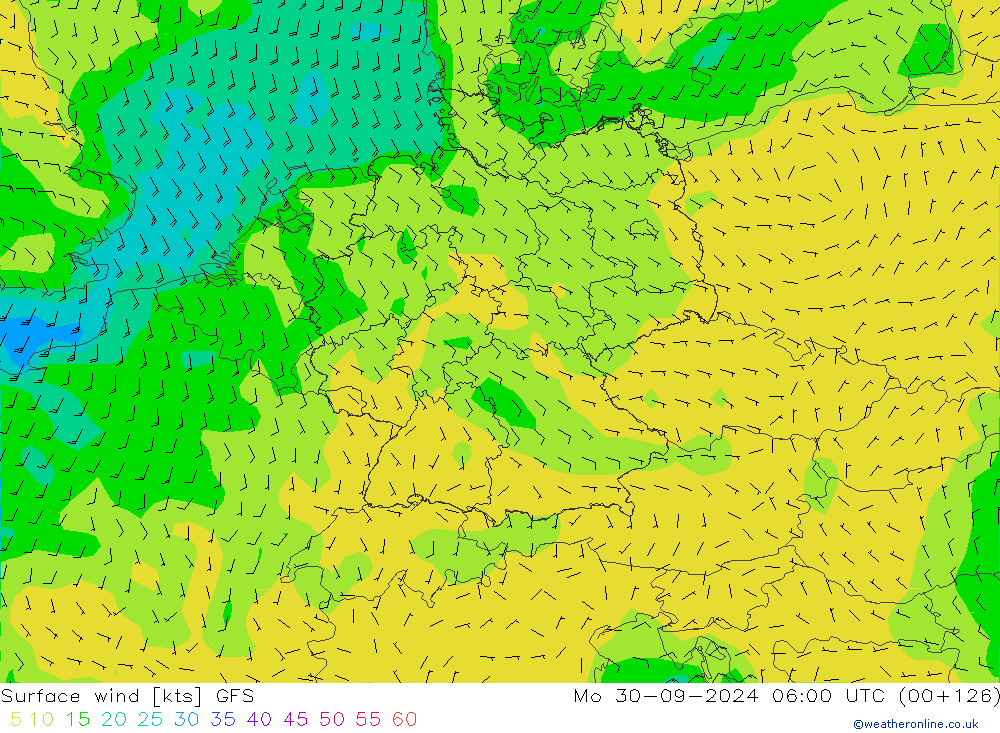 Vent 10 m GFS lun 30.09.2024 06 UTC