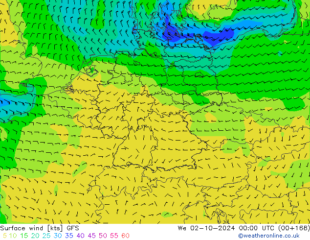 Surface wind GFS We 02.10.2024 00 UTC