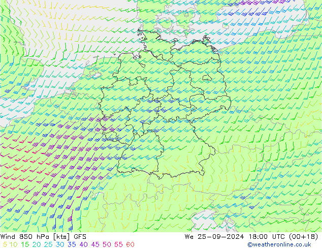 Wind 850 hPa GFS We 25.09.2024 18 UTC