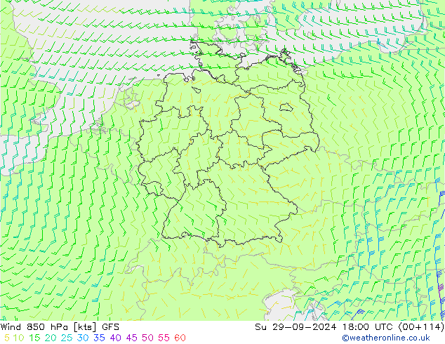 Wind 850 hPa GFS Su 29.09.2024 18 UTC