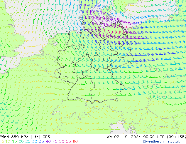 Wind 850 hPa GFS Mi 02.10.2024 00 UTC