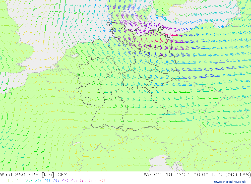 Vento 850 hPa GFS Qua 02.10.2024 00 UTC