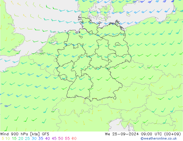 Vento 900 hPa GFS mer 25.09.2024 09 UTC