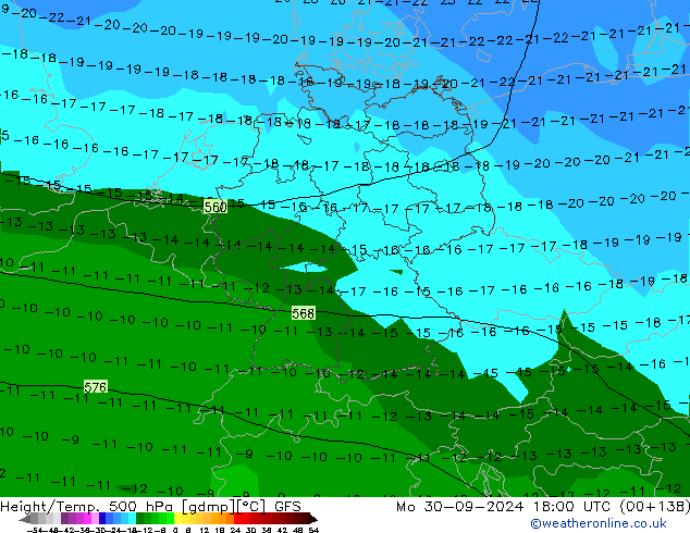 Geop./Temp. 500 hPa GFS lun 30.09.2024 18 UTC