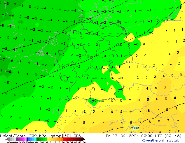 Geop./Temp. 700 hPa GFS vie 27.09.2024 00 UTC