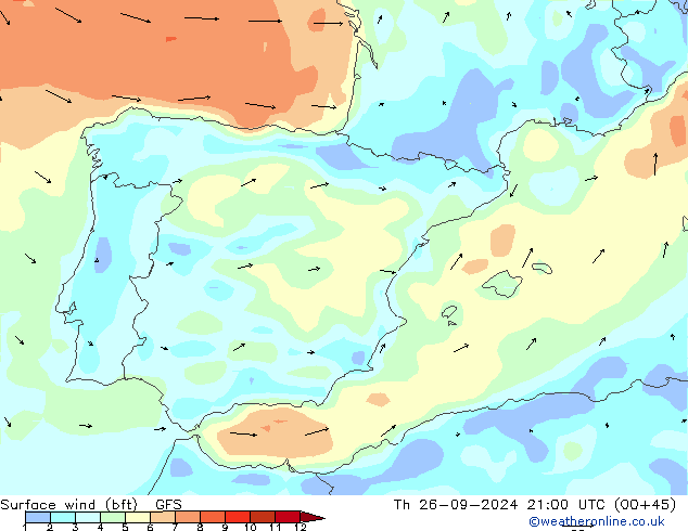  10 m (bft) GFS  26.09.2024 21 UTC