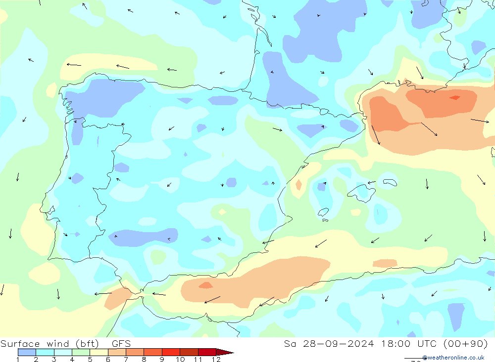 Surface wind (bft) GFS Sa 28.09.2024 18 UTC