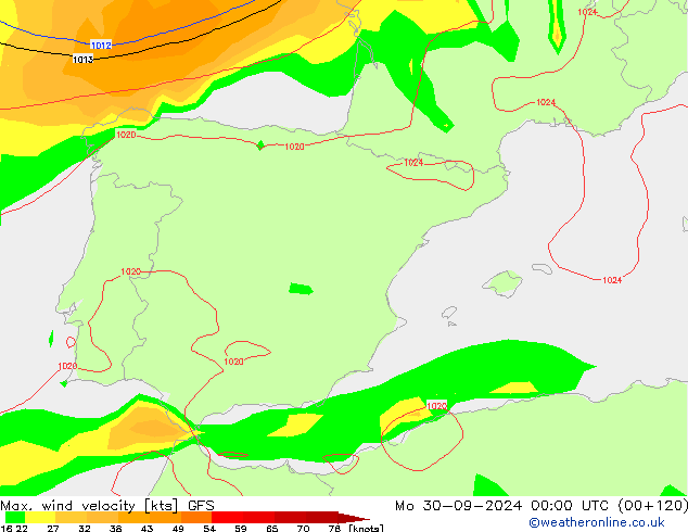 Max. wind velocity GFS pon. 30.09.2024 00 UTC