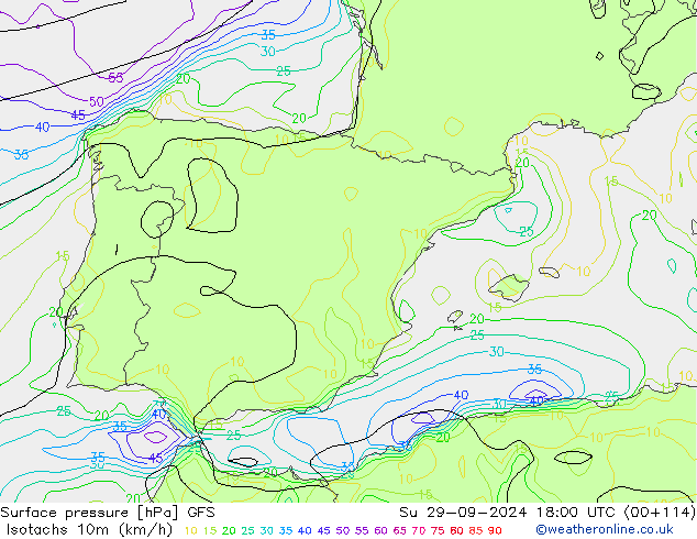 Isotachs (kph) GFS Su 29.09.2024 18 UTC