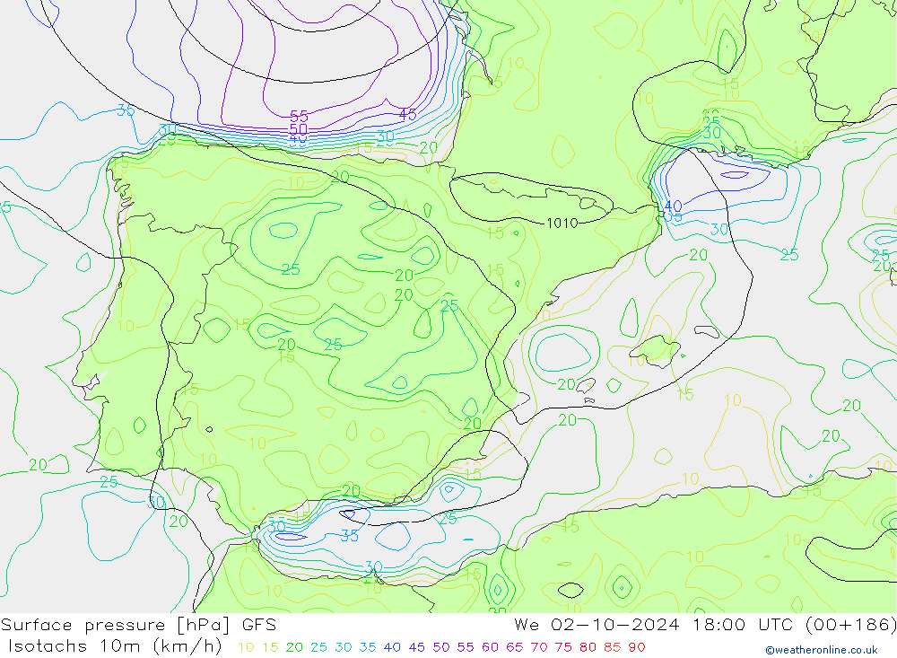 Isotachen (km/h) GFS wo 02.10.2024 18 UTC